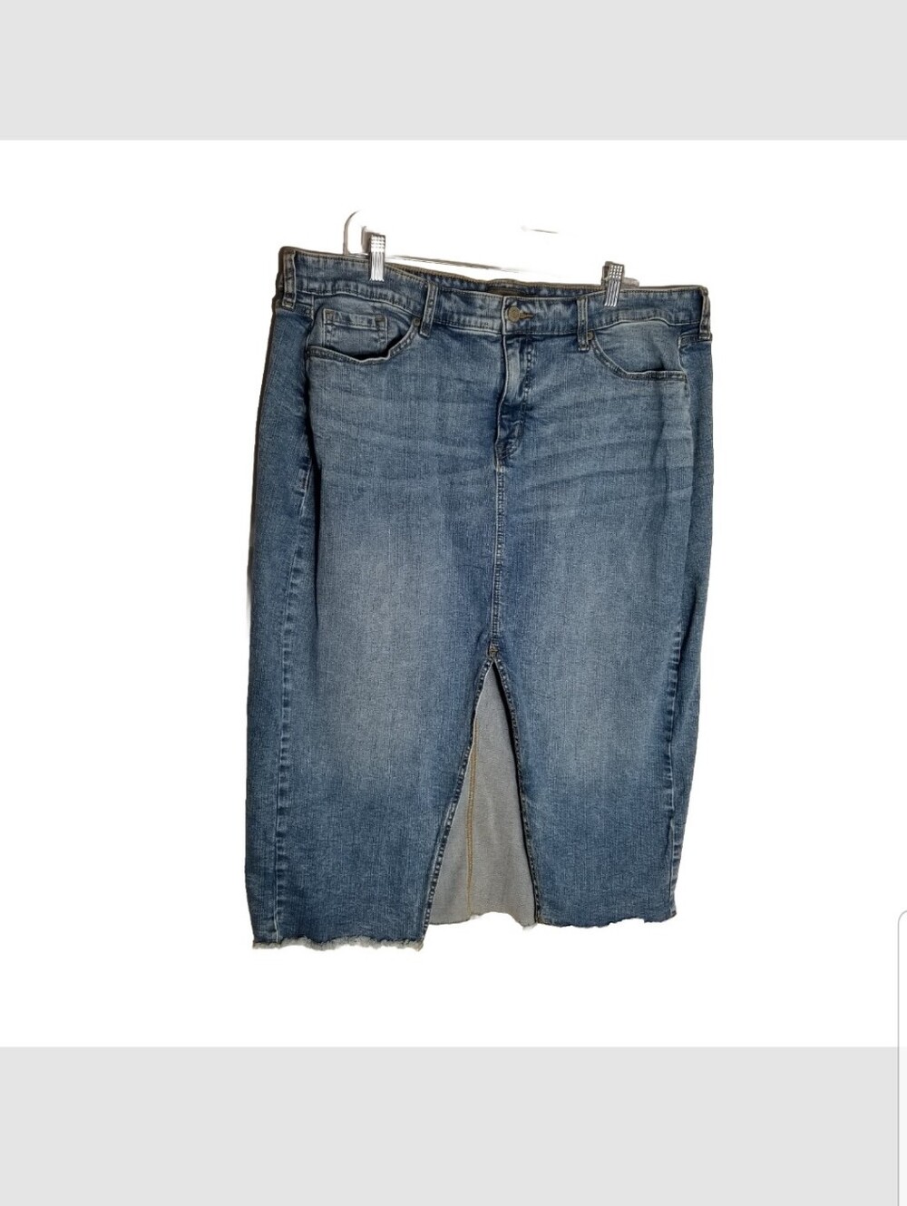Torrid Midi Jean Skirt Women's Size 20 Blue Denim Front Slit Raw Hem Pockets